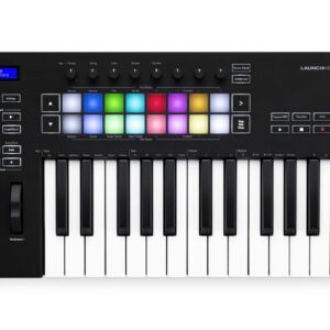 Controlador de teclado USB de Novation versión MK2 de 25 teclas, para Ableton Live - 16 pads sensibles a la velocidad RGB , 8 perillas y botones de navegación y de control dedicados - Software para Mac y PC - Totalmente alimentado por puerto USB; que funciona sin conductor o cable de alimentación - Incluye Ableton Live Lite , Bass Station de Novation y de la estación V instrumentos virtuales y más de 1 GB de muestras Loopmasters