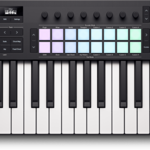 Teclado: 37 miniteclas * Pantalla: Pantalla OLED * Rendimiento pads: 16 RGB retroiluminadas sensibles a la velocidad pads - con tecnología FSR patentada * Pad botones de página: 2 * Controles de transporte: Botones de reproducción/parada/grabación/loop/navegación por pistas Codificadores: 8 * Botonesde página de codificador: 2 botones de página de codificador * MIDI: toma de salida MIDI de 5 patillas * Controles adicionales: Botones Scene Launch / Func, ruedas Pitch bend y modulación, botones capture MIDI/Undo/Quantise/Metronome, botones Scale/Chord Map/Arp/Fixed Chord/Settings/Shift, botones * octave up/down * USB: Toma USB C * Entrada de pedal de sustain: Toma jack 1/4 * Otros: Ranura de seguridad Kensington * Dimensiones (alt. x anch. x prof.): 49 x 447,8 x 176,8 mm * Peso: 1,02 kg