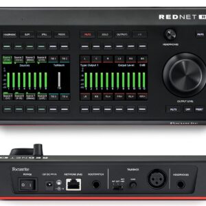 Control remoto / controlador de monitor Dante Para interfaces de audio Focusrite Red Configuraciones de salida de monitor desde salida de mono a 4 surround 7.1 (incluido Dolby Atmos) Configurable por el usuario con 12 salidas 2 pantallas LCD Sección de talkback compatible con Dante con micrófono incorporado y entrada XLR para un micrófono externo Alimentación phantom de +48V conmutable Dimensiones: 265 x 58 x 135 mm (ancho x alto x profundo) Peso: 0.85 kg